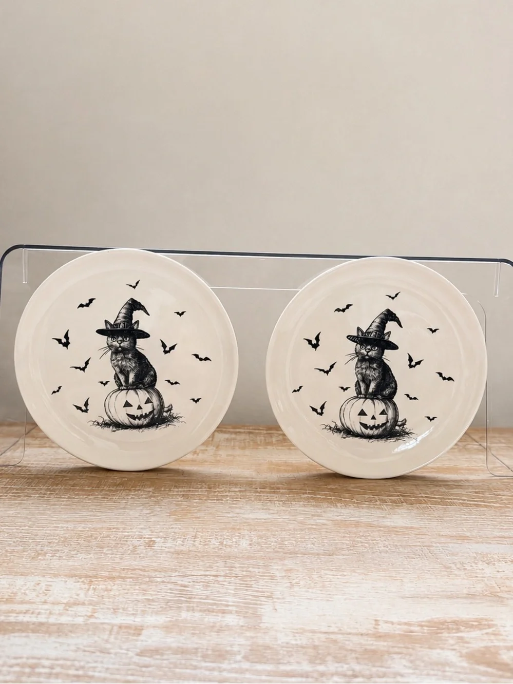 Halloween Cat & Pumpkin Ceramic Plate Black on Cream (Set of 2)